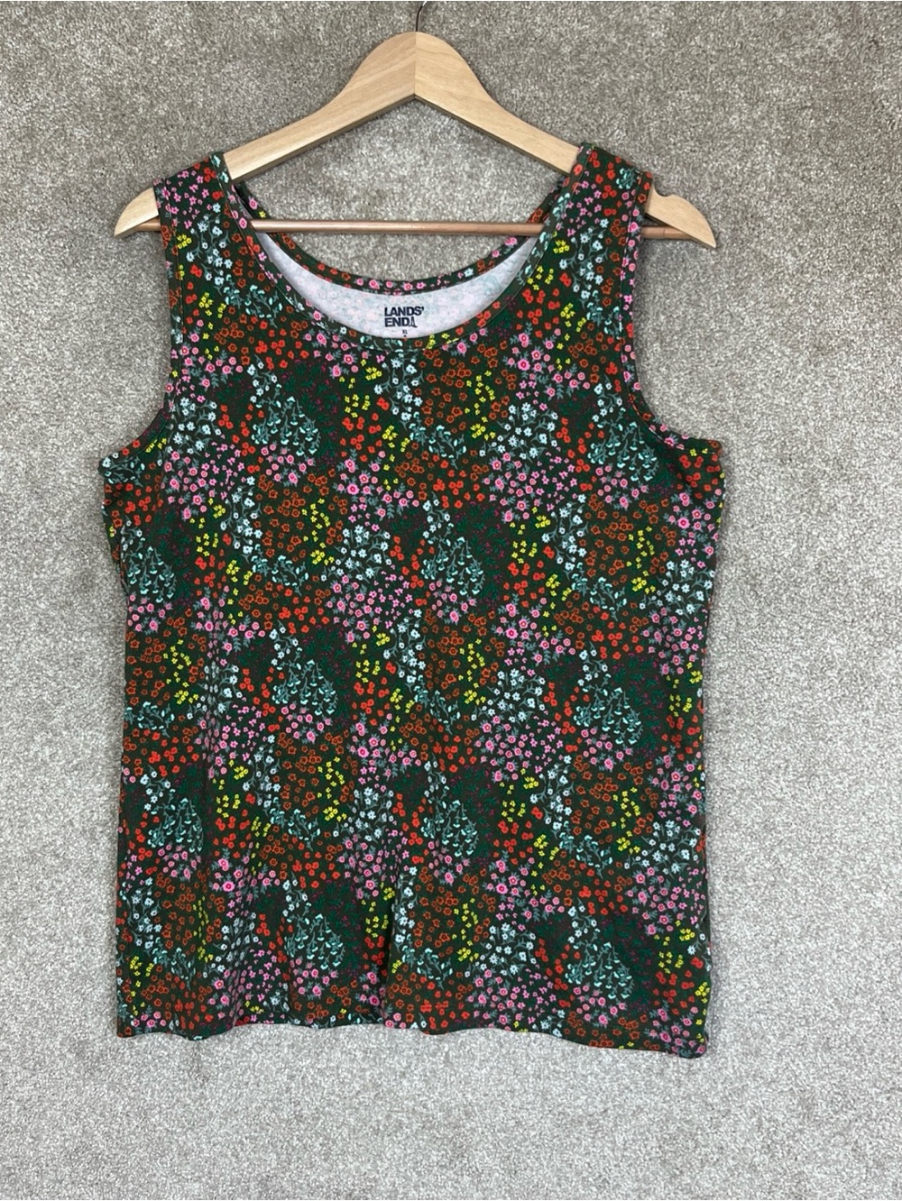 Lands End Tank Top Womens Extra Large Green Floral Cotton Stretch Pullover-5265